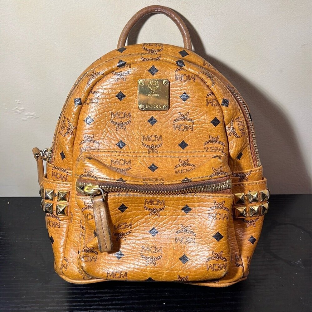 MCM Mini Visetos Stark Brown Leather Coated Backpack
